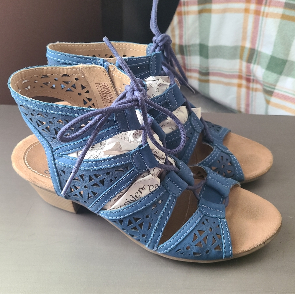 Earth Origins Leather Lace-Up Heeled Sandals Carey Sapphire Blue - Medium